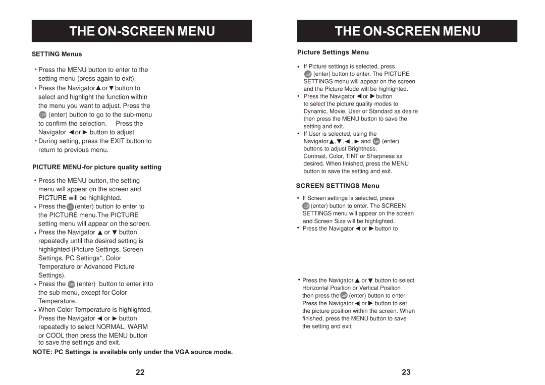 Craig CLC503 manual ON-SCREEN Menu, Setting Menus, Picture MENU-for picture quality setting 