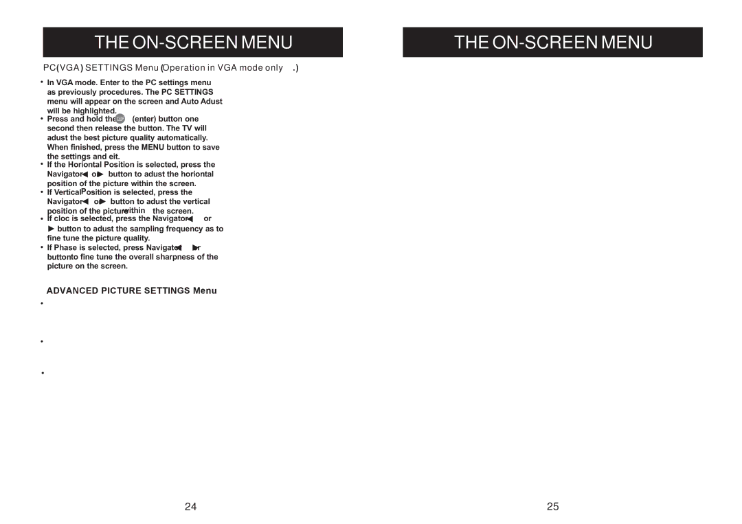 Craig CLC503 manual ON-SCREEN Menuthe ON-SCREEN Menu, Pcvga Settings MenuOperation in VGA mode only 