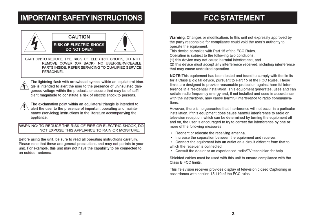 Craig CLC503 manual FCC Statement 