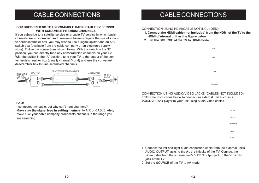 Craig CLC503 manual Cable Connectionscable Connections, Connection Using Hdmicable not Included 