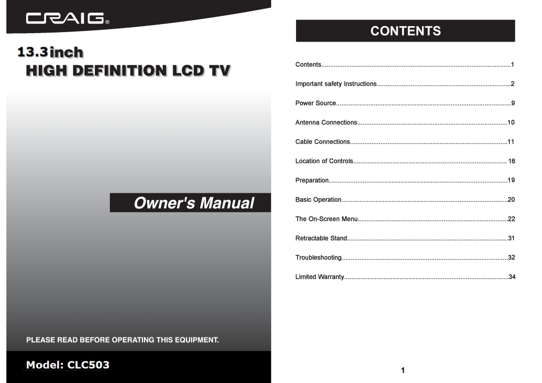 Craig CLC503 manual Contents 