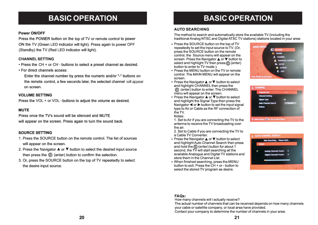 Craig CLC503 manual Basic Operation, Channel Setting, Auto Searching, FAQs 