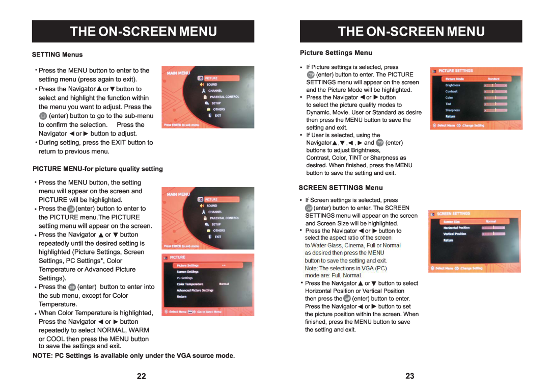 Craig CLC503 manual The On-Screen Menu, SETTING Menus, PICTURE MENU-for picture quality setting 