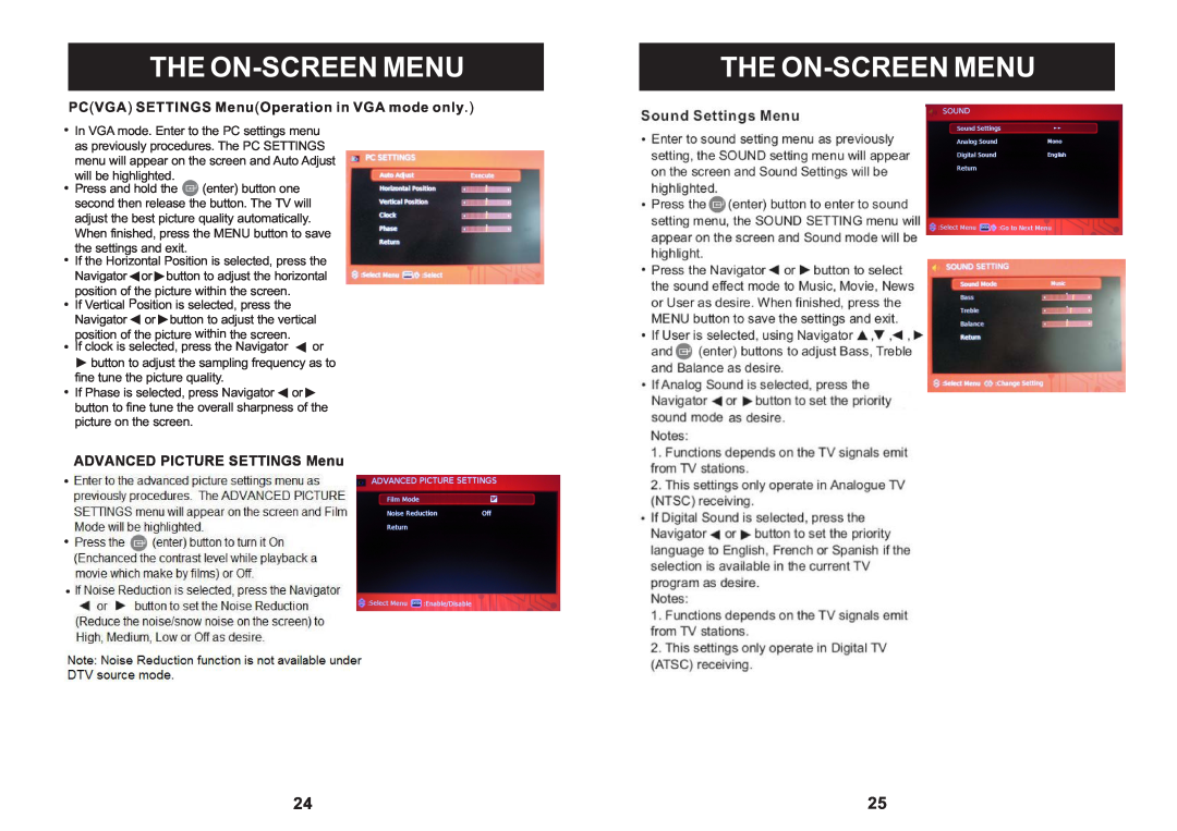 Craig CLC503 manual The On-Screen Menuthe On-Screen Menu, PCVGA SETTINGS MenuOperation in VGA mode only 
