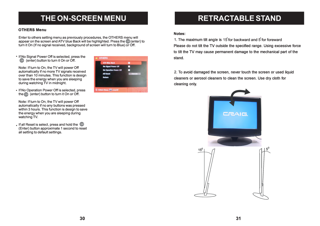 Craig CLC503 manual Retractable Stand, The On-Screen Menu, The 15 for backward and 5 for foreward 2. To 