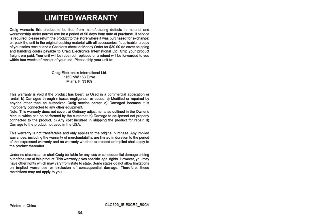 Craig CLC503 manual Limited Warranty, CLC501IB E0CR2B0CV 