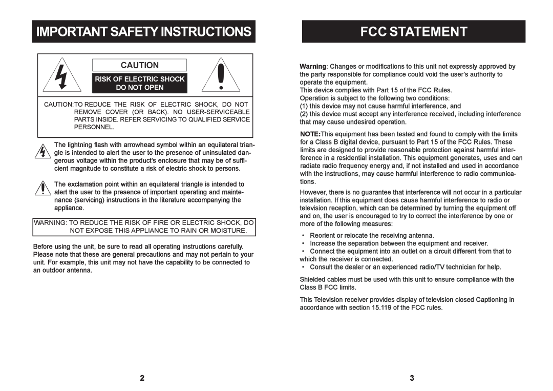 Craig CLC503 manual Fcc Statement, Important Safety Instructions 