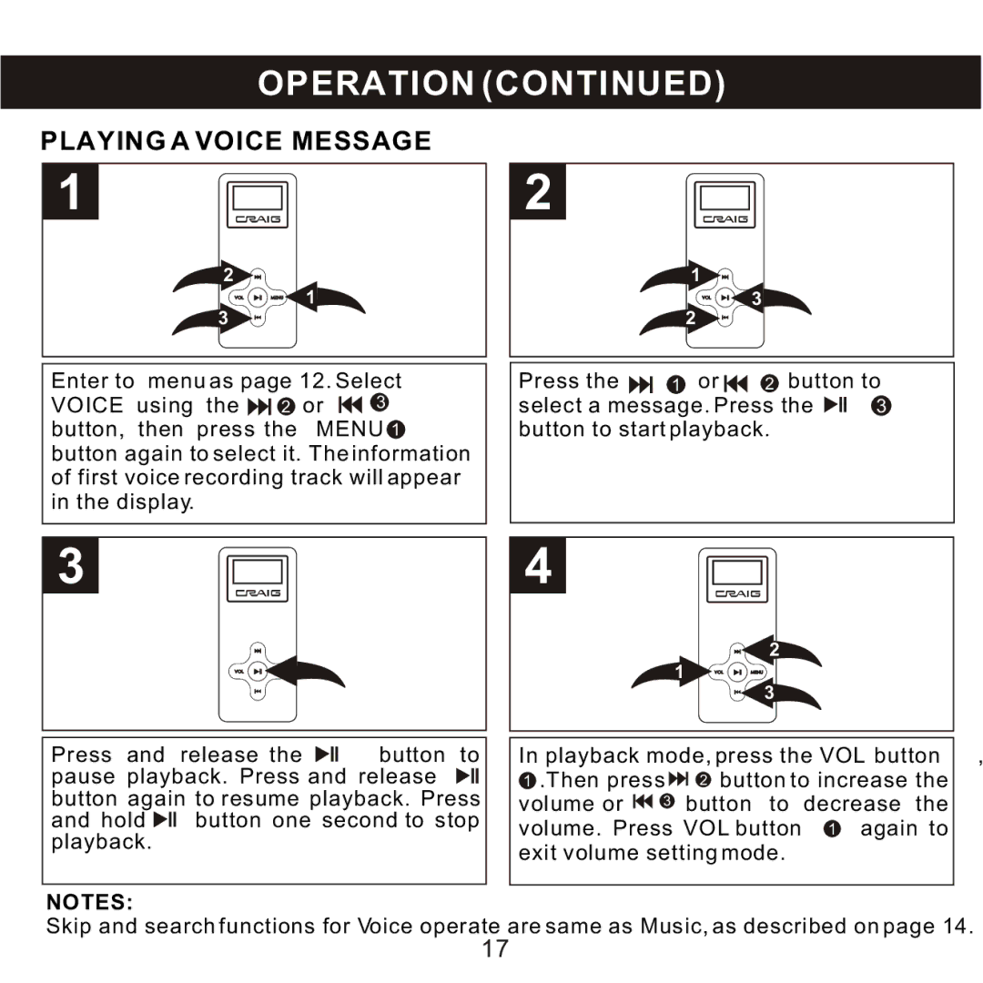 Craig CMP168C owner manual Playing a Voice Message, Menu 