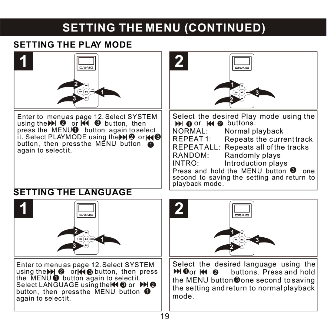 Craig CMP168C owner manual Setting the Play Mode, Setting the Language 