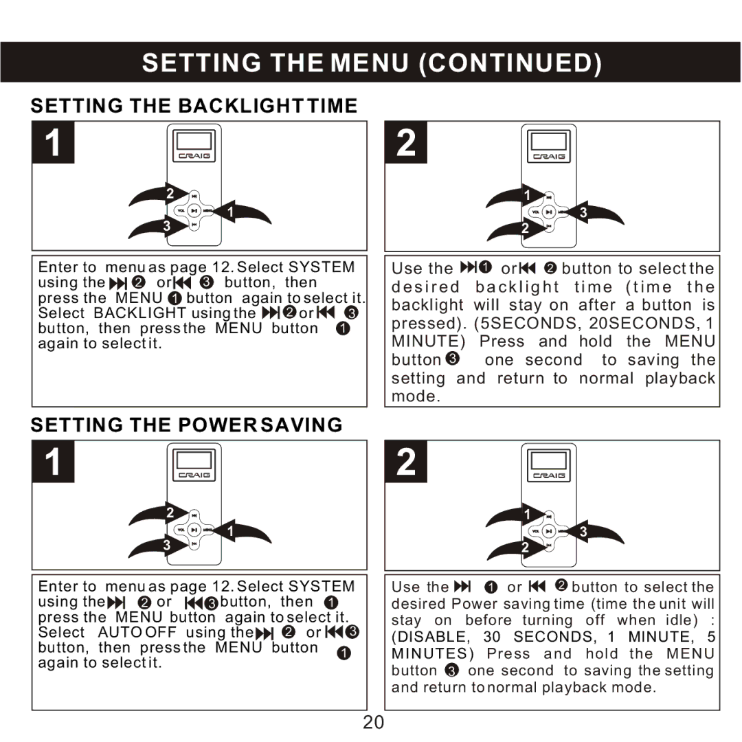 Craig CMP168C owner manual Setting the Backlight Time, Setting the Power Saving 