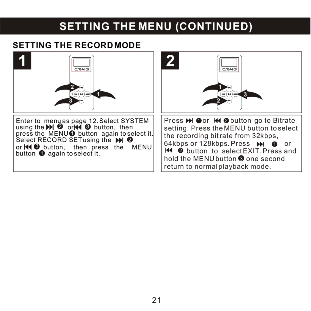 Craig CMP168C owner manual Setting the Record Mode 