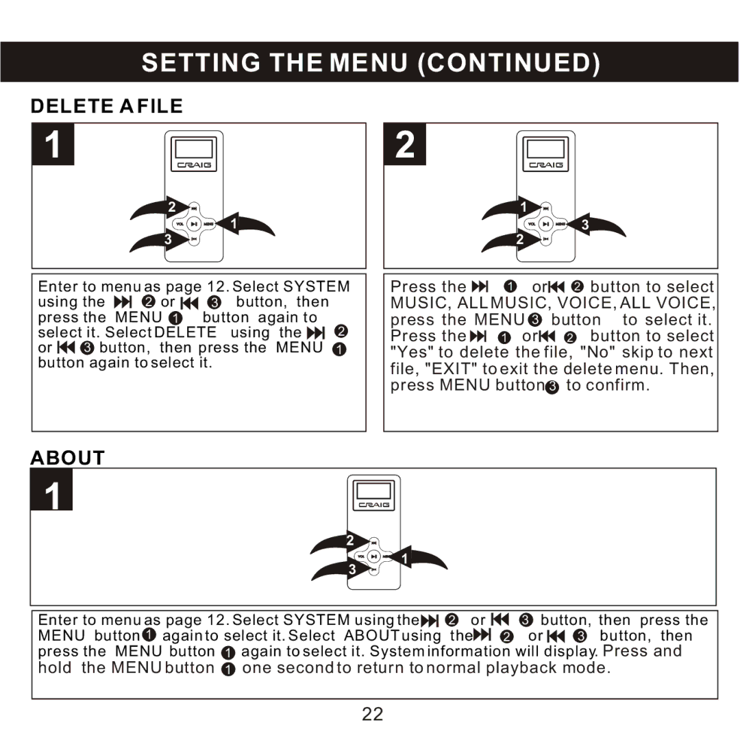 Craig CMP168C owner manual Delete a File, About 