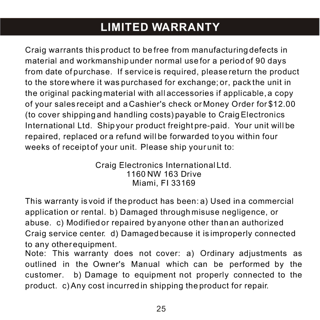 Craig CMP168C owner manual Limited Warranty 