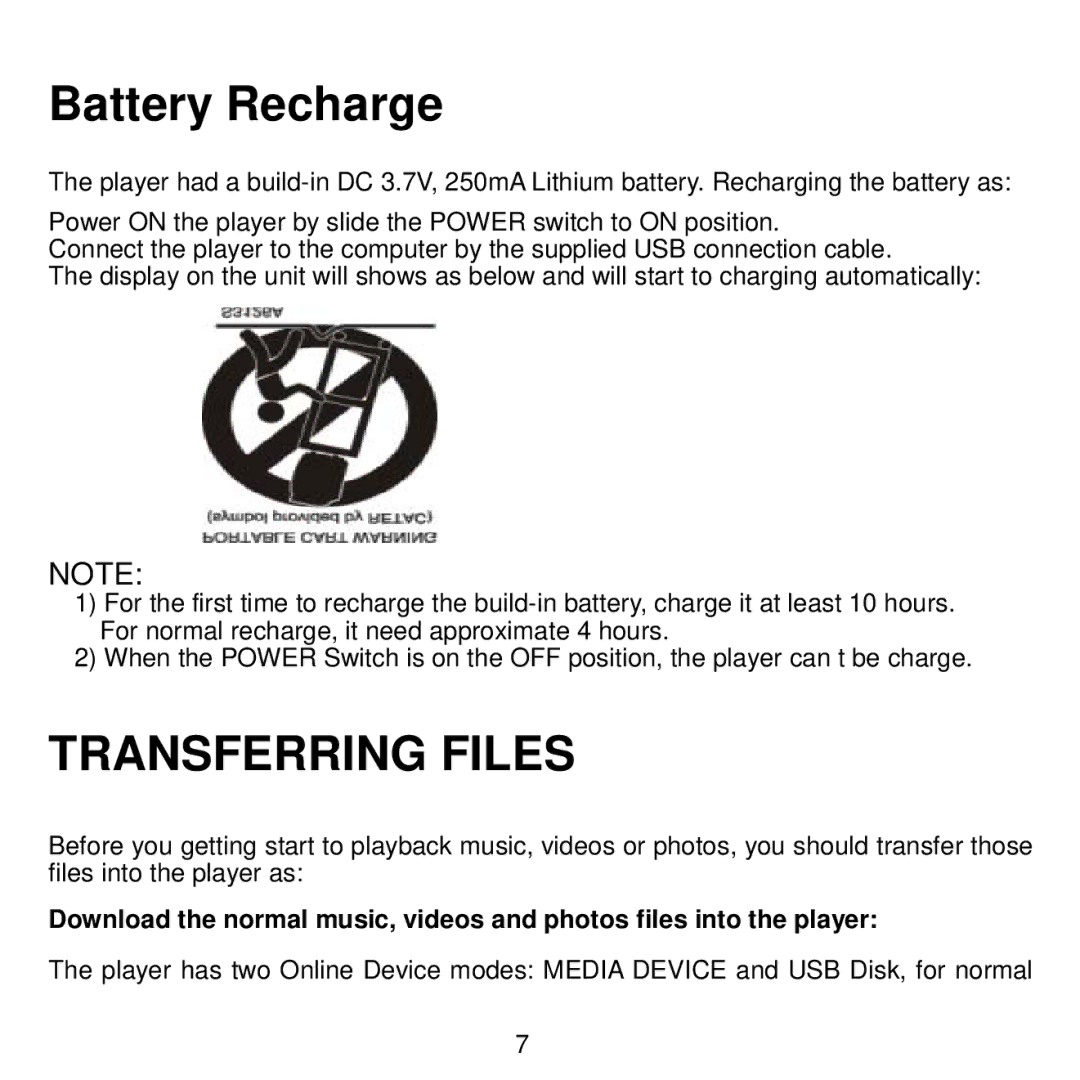 Craig CMP615D manual Battery Recharge, Transferring Files 