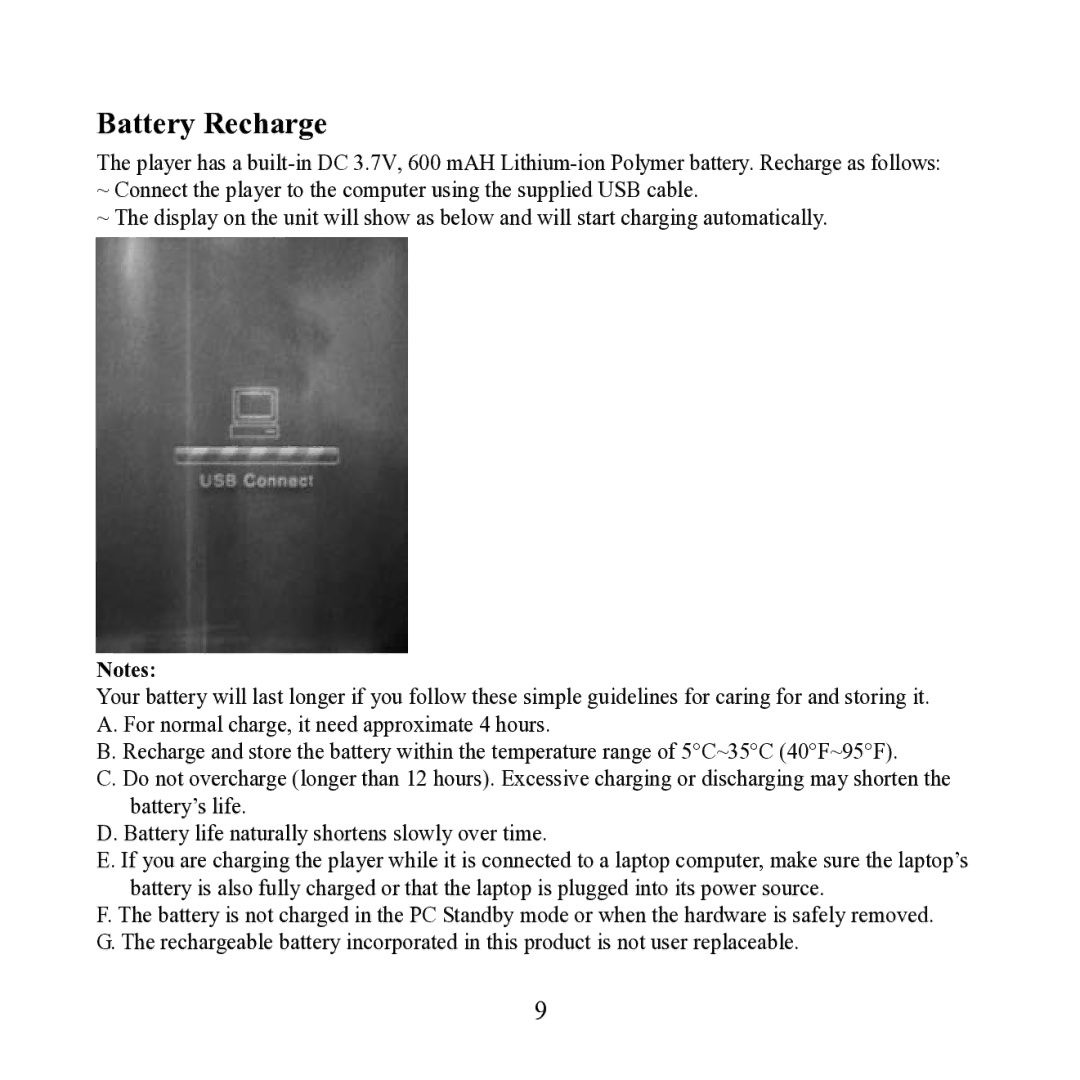 Craig CMP621F manual Battery Recharge 