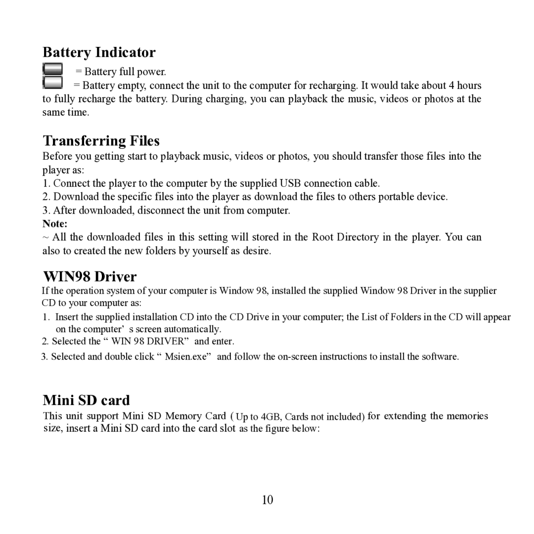 Craig CMP621F manual Battery Indicator, Transferring Files, WIN98 Driver, Mini SD card 