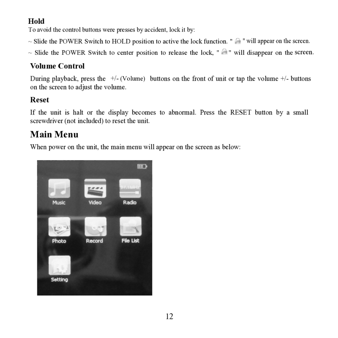 Craig CMP621F manual Main Menu, Hold 