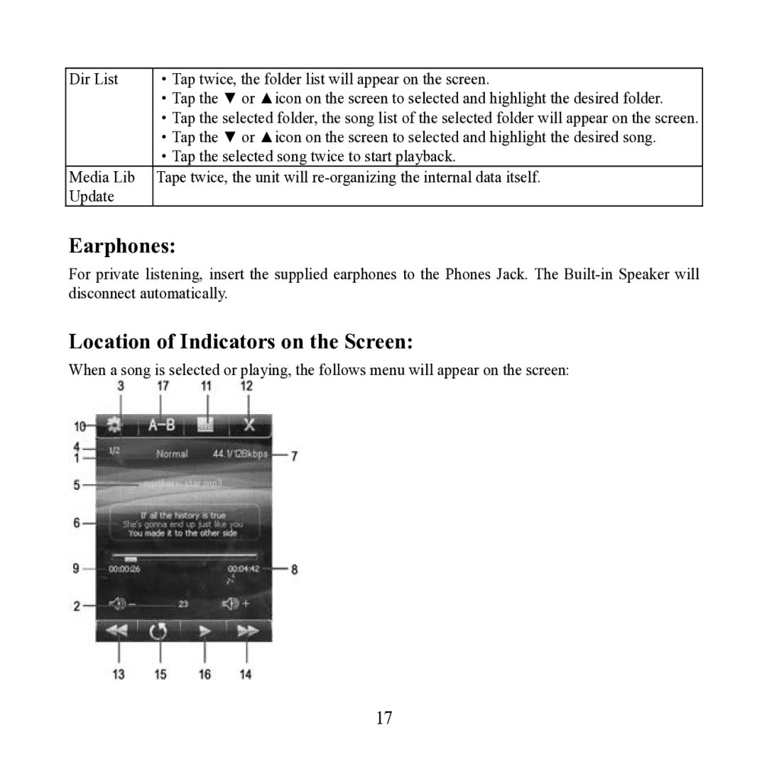 Craig CMP621F manual Earphones, Location of Indicators on the Screen 