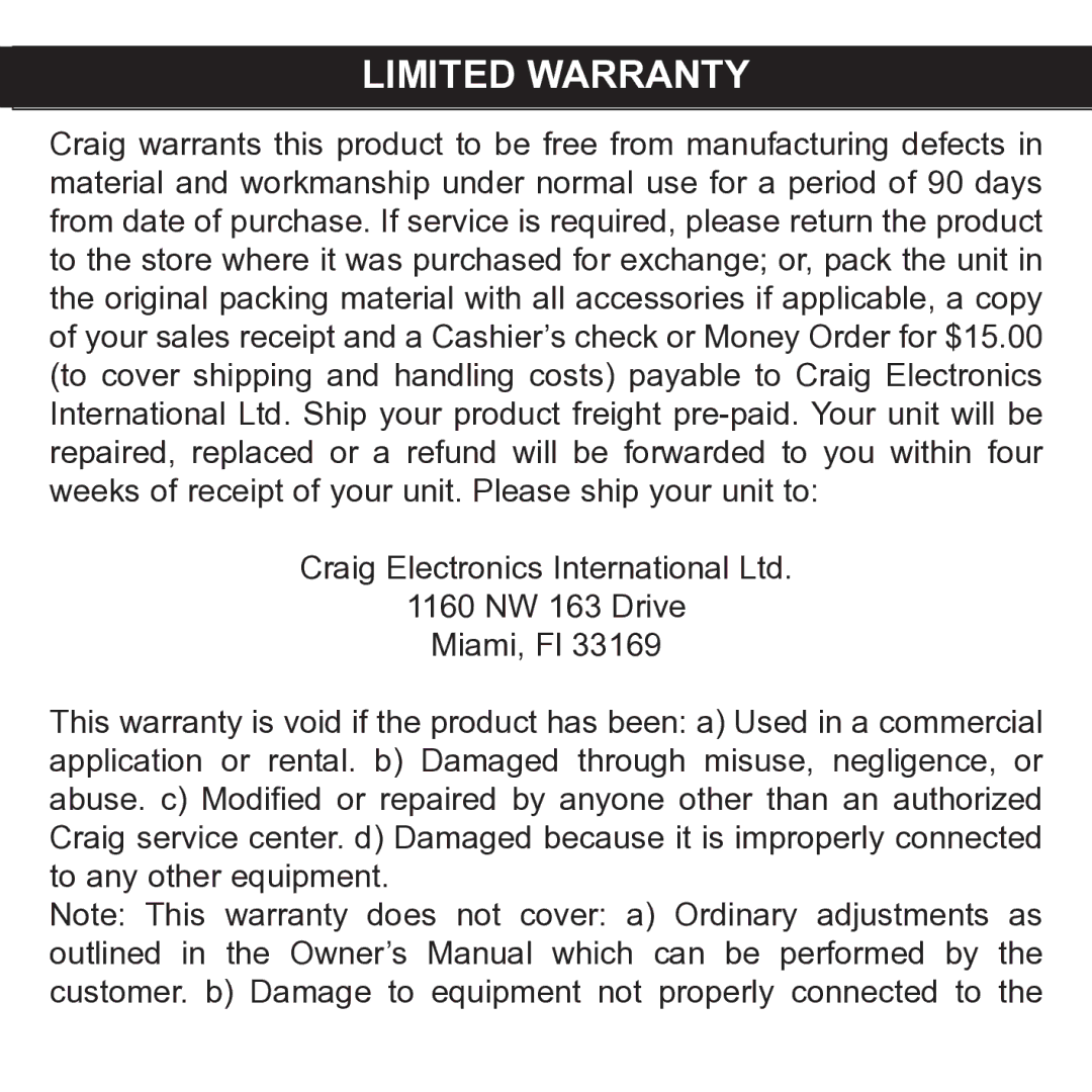 Craig CMP621F manual Limited Warranty 