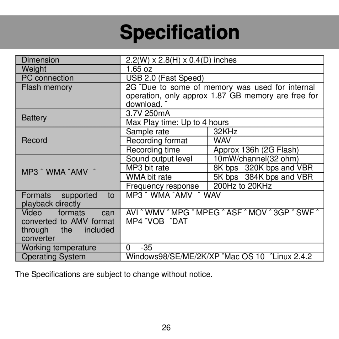 Craig CMP622E manual Specification 