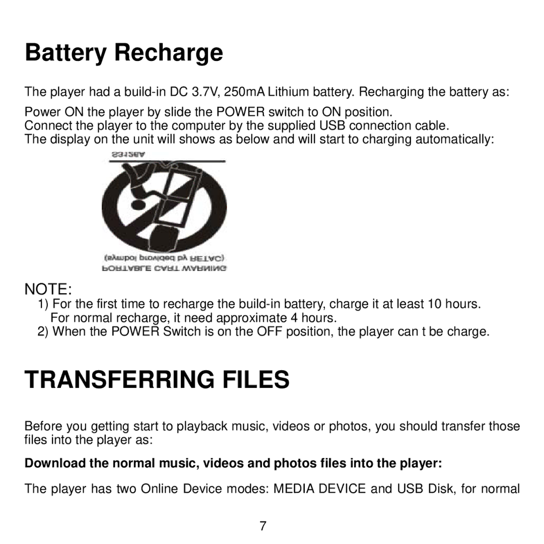 Craig CMP622E manual Battery Recharge, Transferring Files 