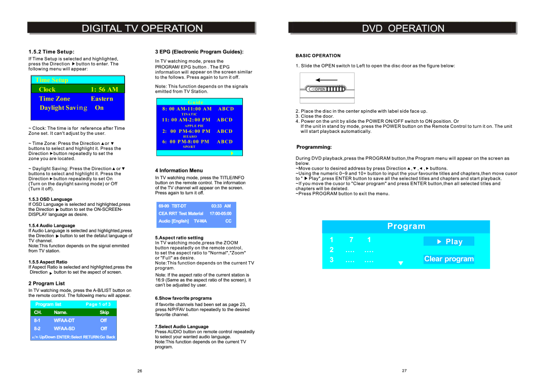 Craig CTV1703 manual Time Setup Clock 