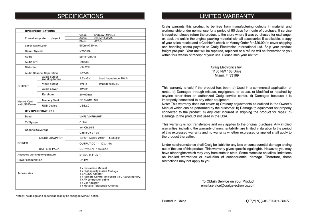 Craig CTV1703 manual 