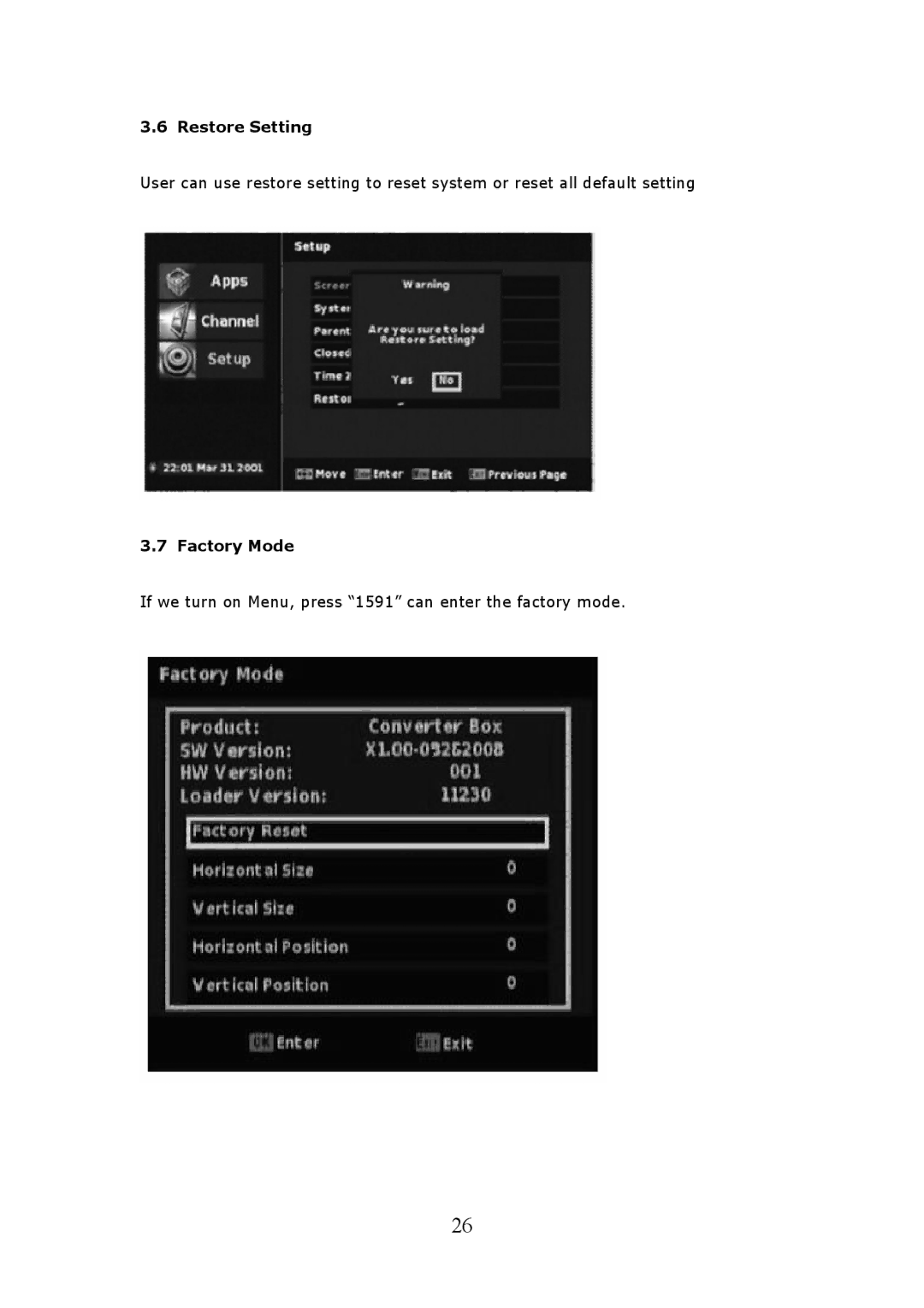 Craig CVD508 manual Restore Setting, Factory Mode 