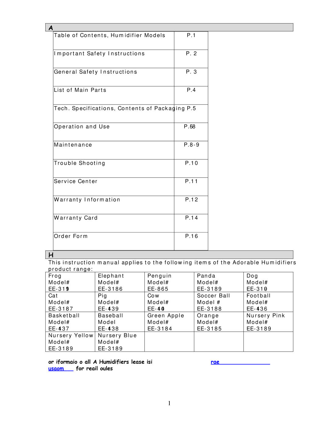 Crane EE-3184-4138 manual Table of Contents, Humidifier Models 