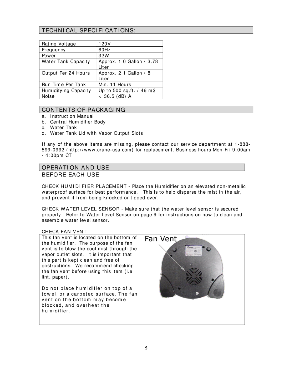 Crane EE-3184-4138 Technical Specifications, Contents of Packaging, Operation and USE Before Each USE, Check FAN Vent 