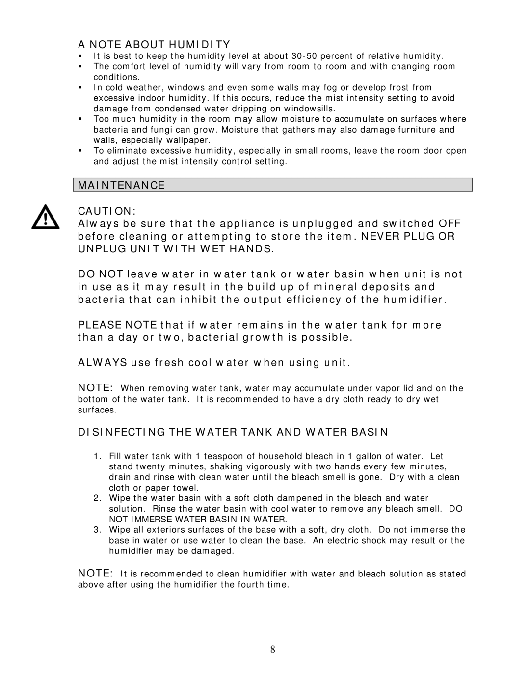 Crane EE-3184-4138 manual Maintenance, Disinfecting the Water Tank and Water Basin 