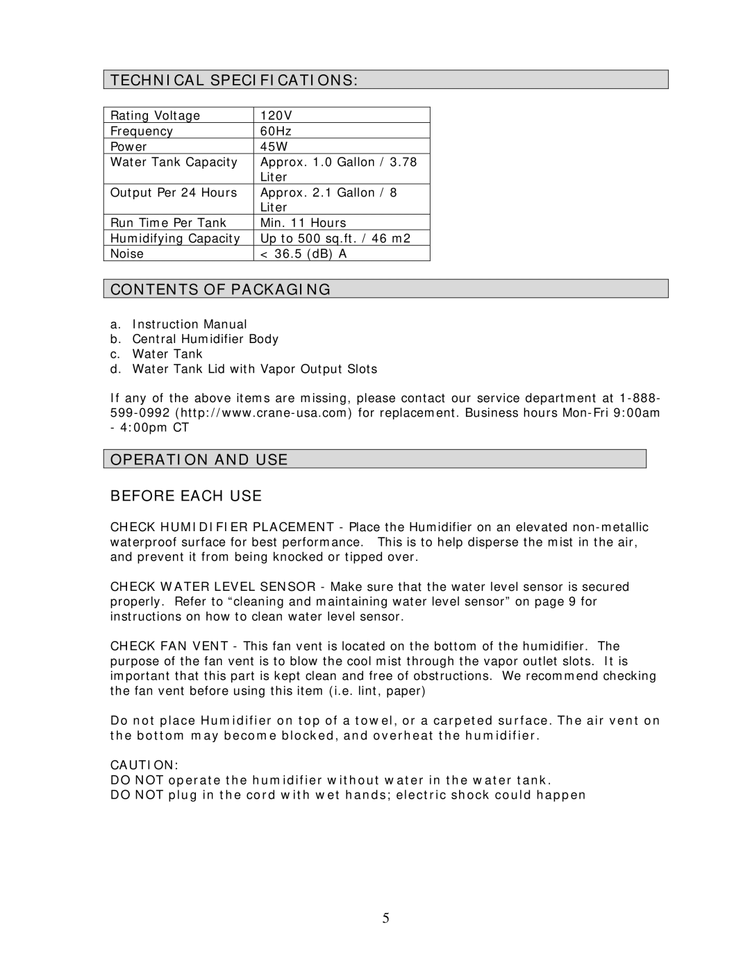 Crane EE-4109 manual Technical Specifications, Contents of Packaging, Operation and USE Before Each USE 