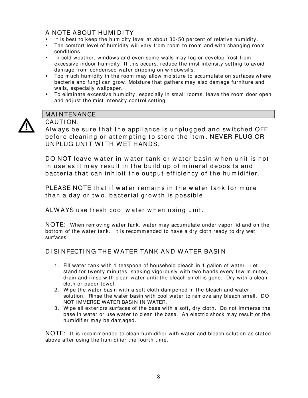 Crane EE-4109 manual Maintenance, Disinfecting the Water Tank and Water Basin 