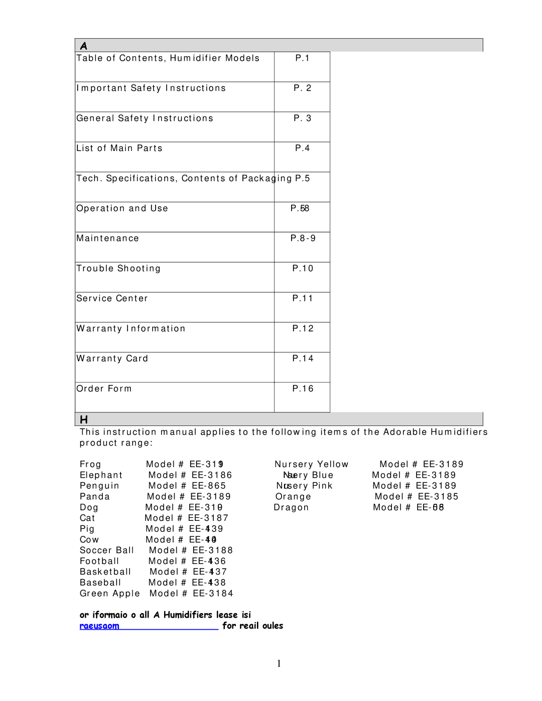 Crane EE-5058, EE-865 manual Table of Contents, Humidifier Models 