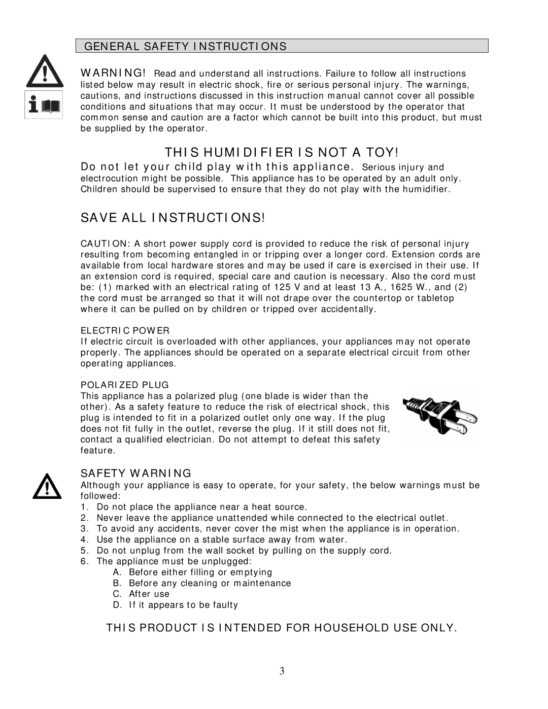 Crane EE-5058 General Safety Instructions, Safety Warning, This Product is Intended for Household USE only, Electric Power 