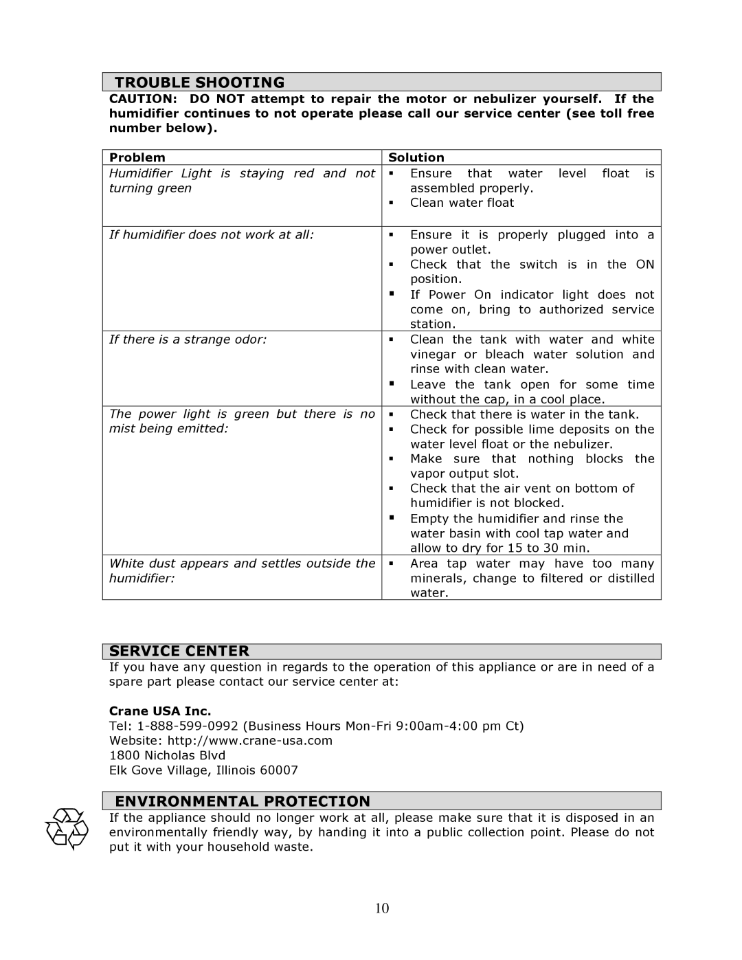 Crane EE-864 manual Trouble Shooting, Service Center, Environmental Protection 