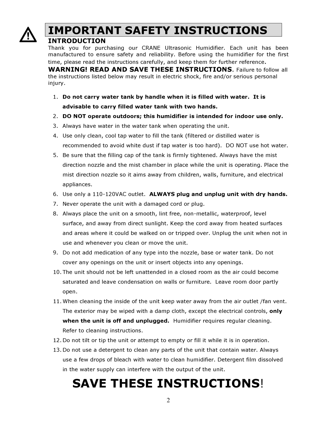 Crane EE-864 manual Important Safety Instructions, Introduction 