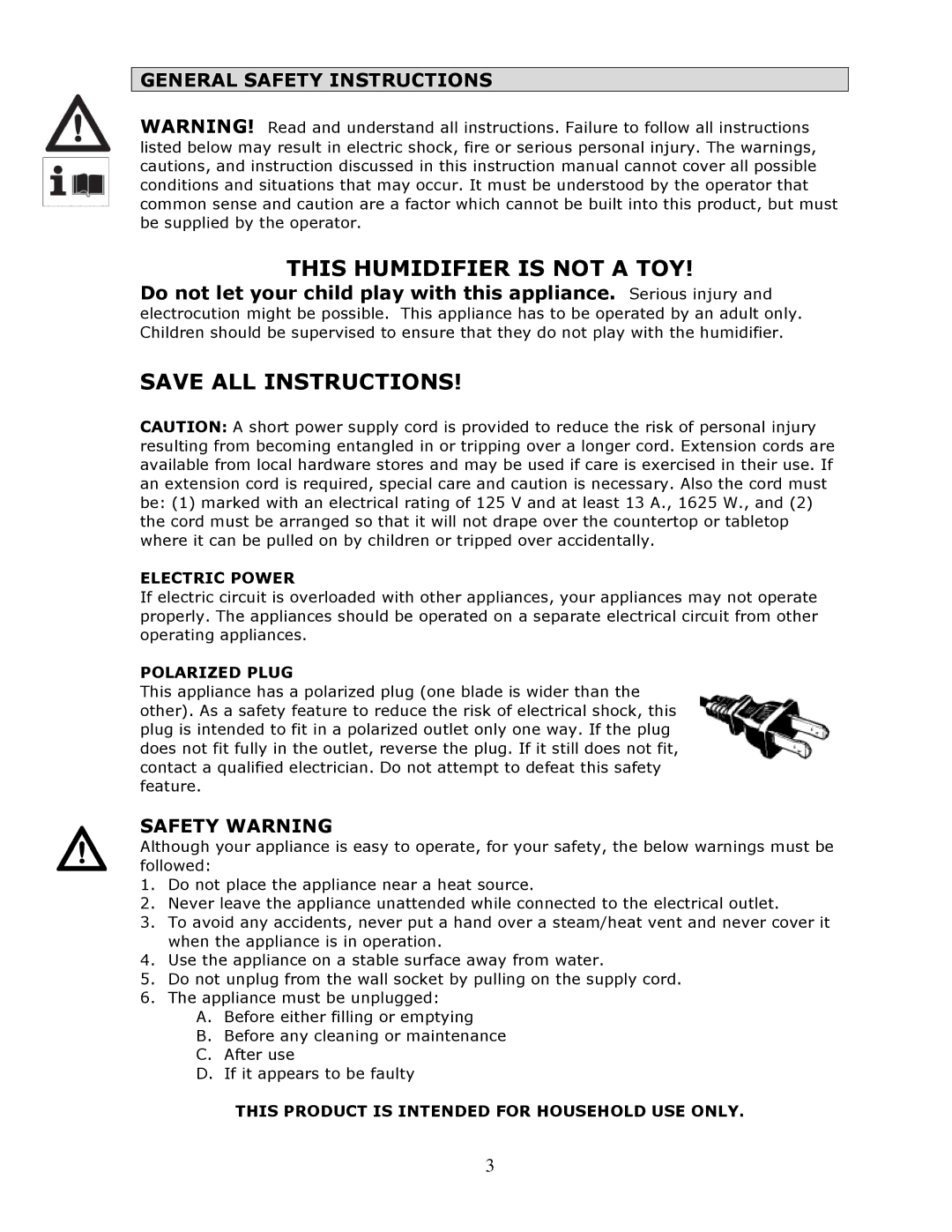 Crane EE-864 manual General Safety Instructions, Safety Warning, Electric Power, Polarized Plug 