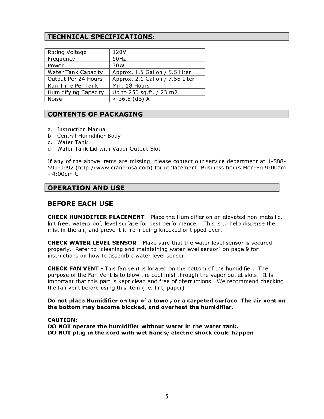 Crane EE-864 manual Technical Specifications, Contents of Packaging, Operation and USE Before Each USE 