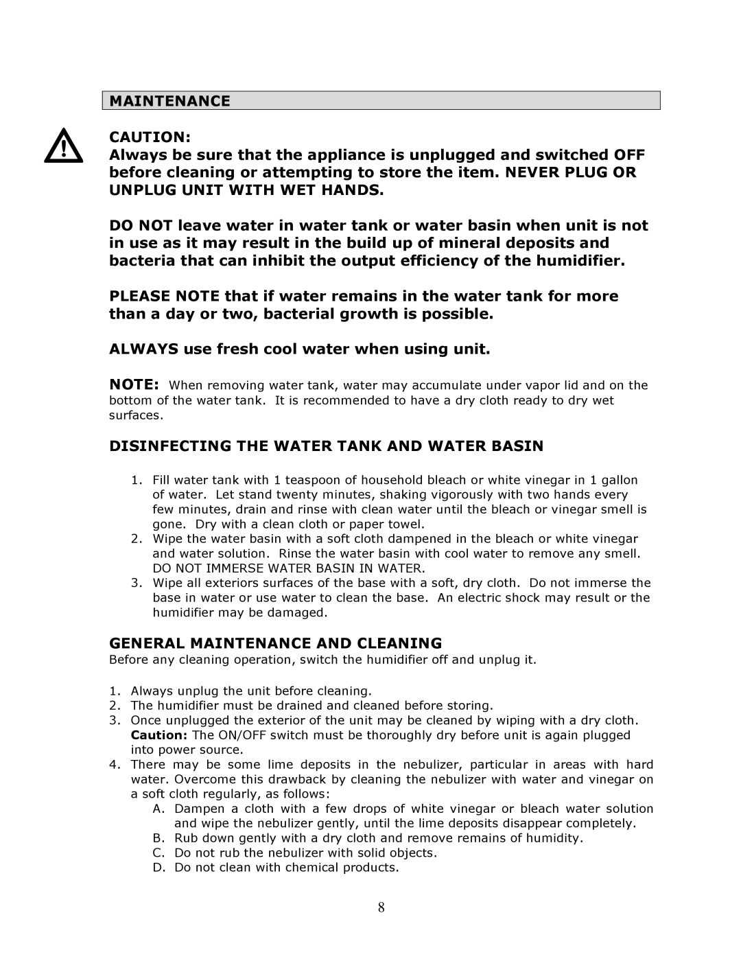 Crane EE-864 manual Disinfecting the Water Tank and Water Basin, General Maintenance and Cleaning 