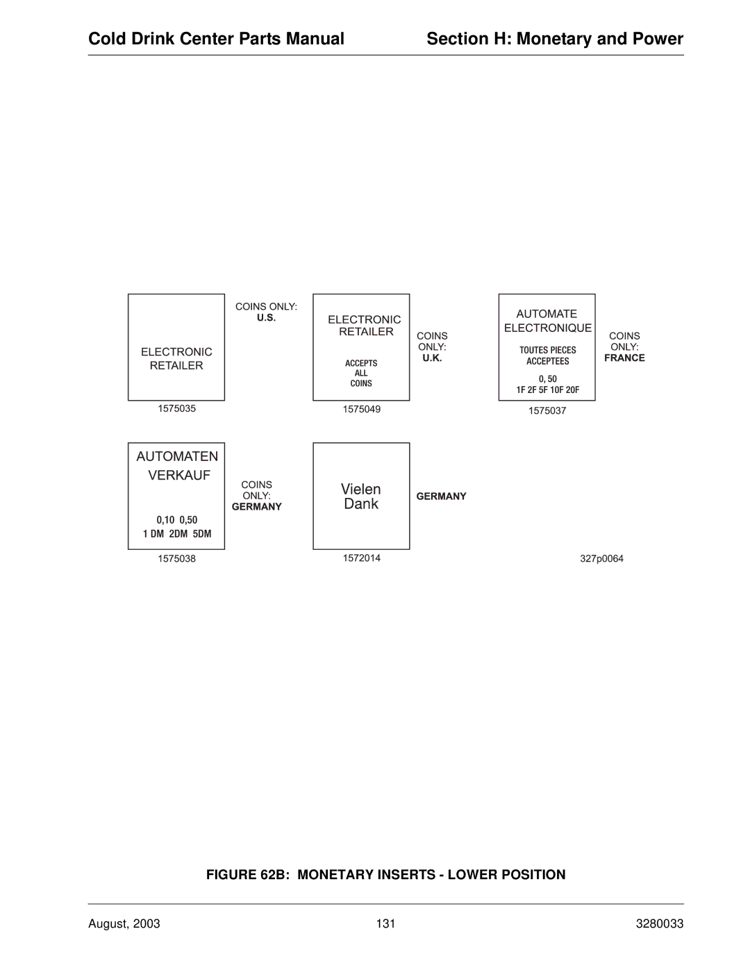 Crane Merchandising Systems 327, 328 manual Monetary Inserts Lower Position 