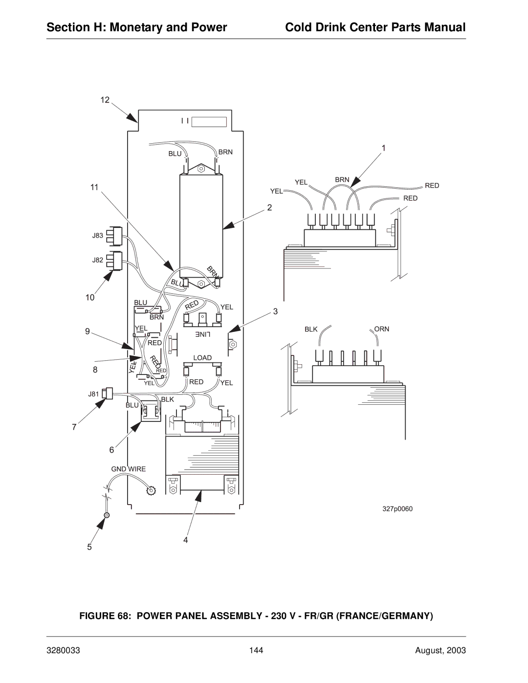 Crane Merchandising Systems 328, 327 manual Power Panel Assembly 230 V FR/GR FRANCE/GERMANY 