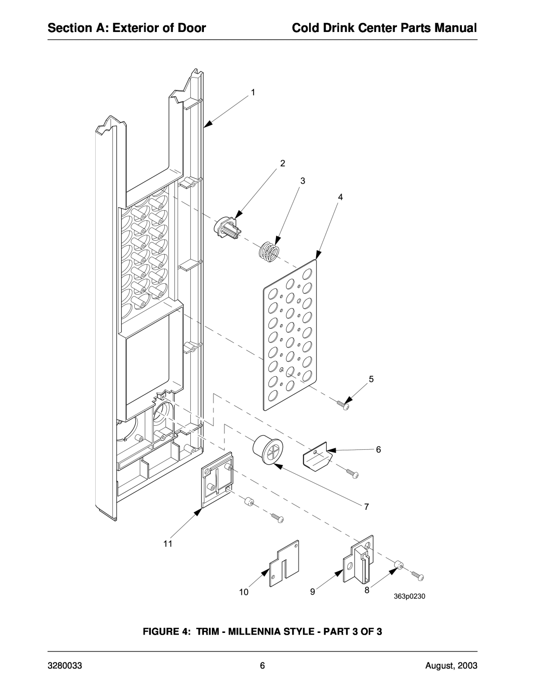 Crane Merchandising Systems 328, 327 manual Section A Exterior of Door, Cold Drink Center Parts Manual 