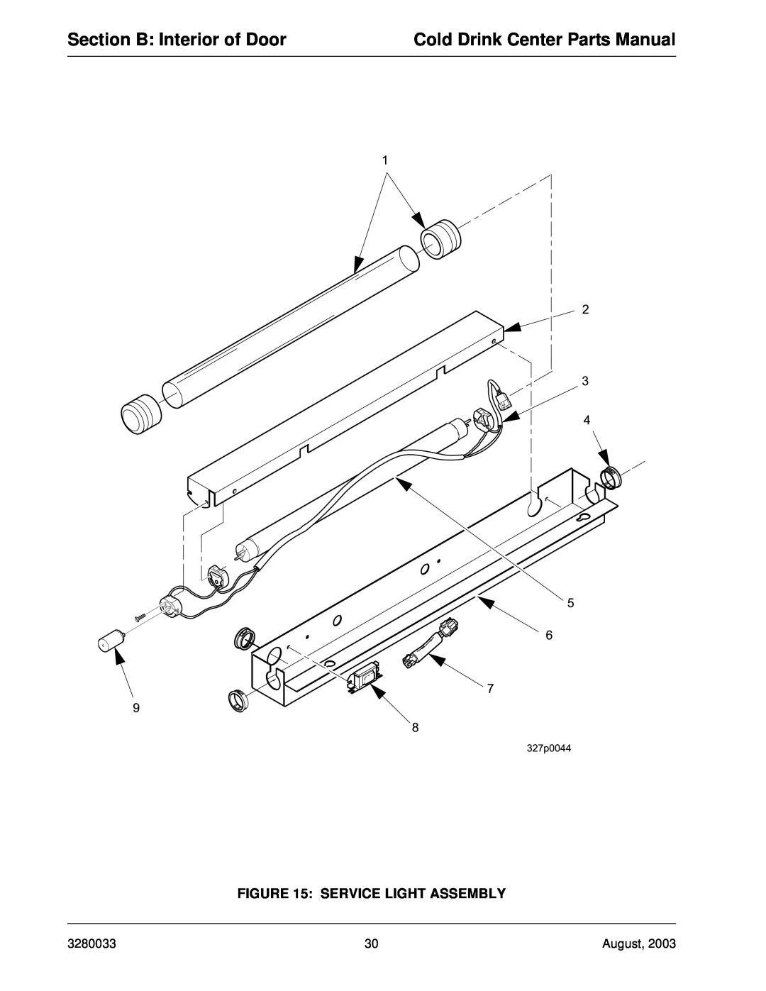 Crane Merchandising Systems 328, 327 Section B Interior of Door, Cold Drink Center Parts Manual, Service Light Assembly 