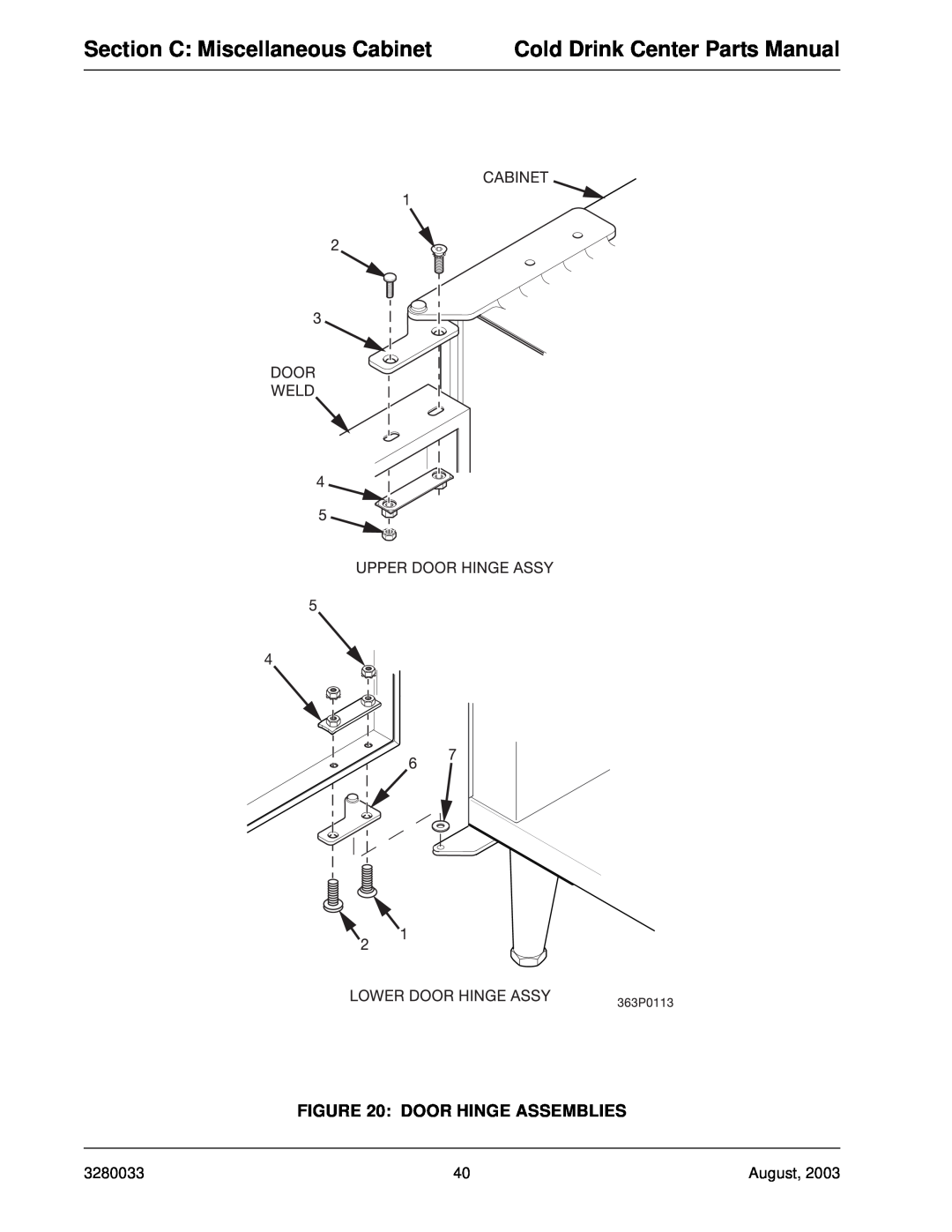 Crane Merchandising Systems 328 Section C Miscellaneous Cabinet, Cold Drink Center Parts Manual, Door Hinge Assemblies 