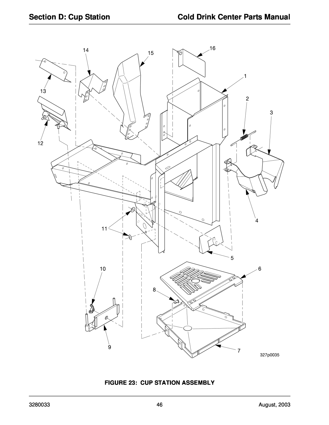 Crane Merchandising Systems 328, 327 manual Section D Cup Station, Cold Drink Center Parts Manual, Cup Station Assembly 