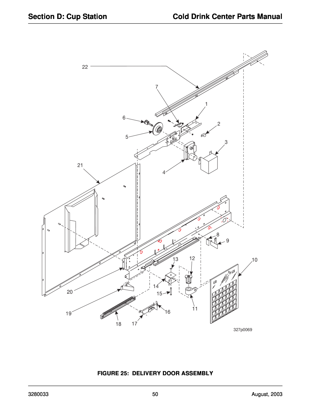 Crane Merchandising Systems 328 Section D Cup Station, Cold Drink Center Parts Manual, Delivery Door Assembly, 327p0069 