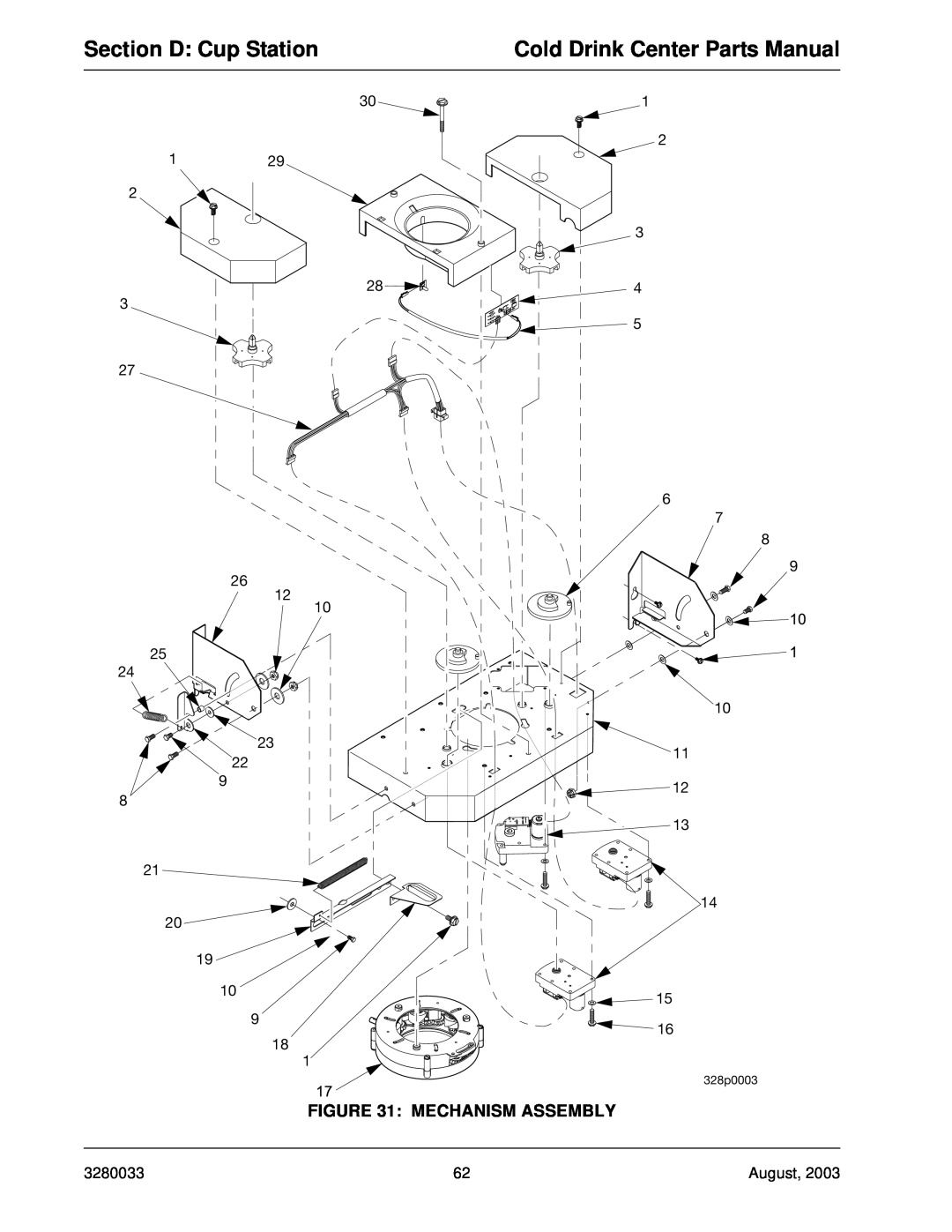 Crane Merchandising Systems 327 Section D Cup Station, Cold Drink Center Parts Manual, Mechanism Assembly, 328p0003 