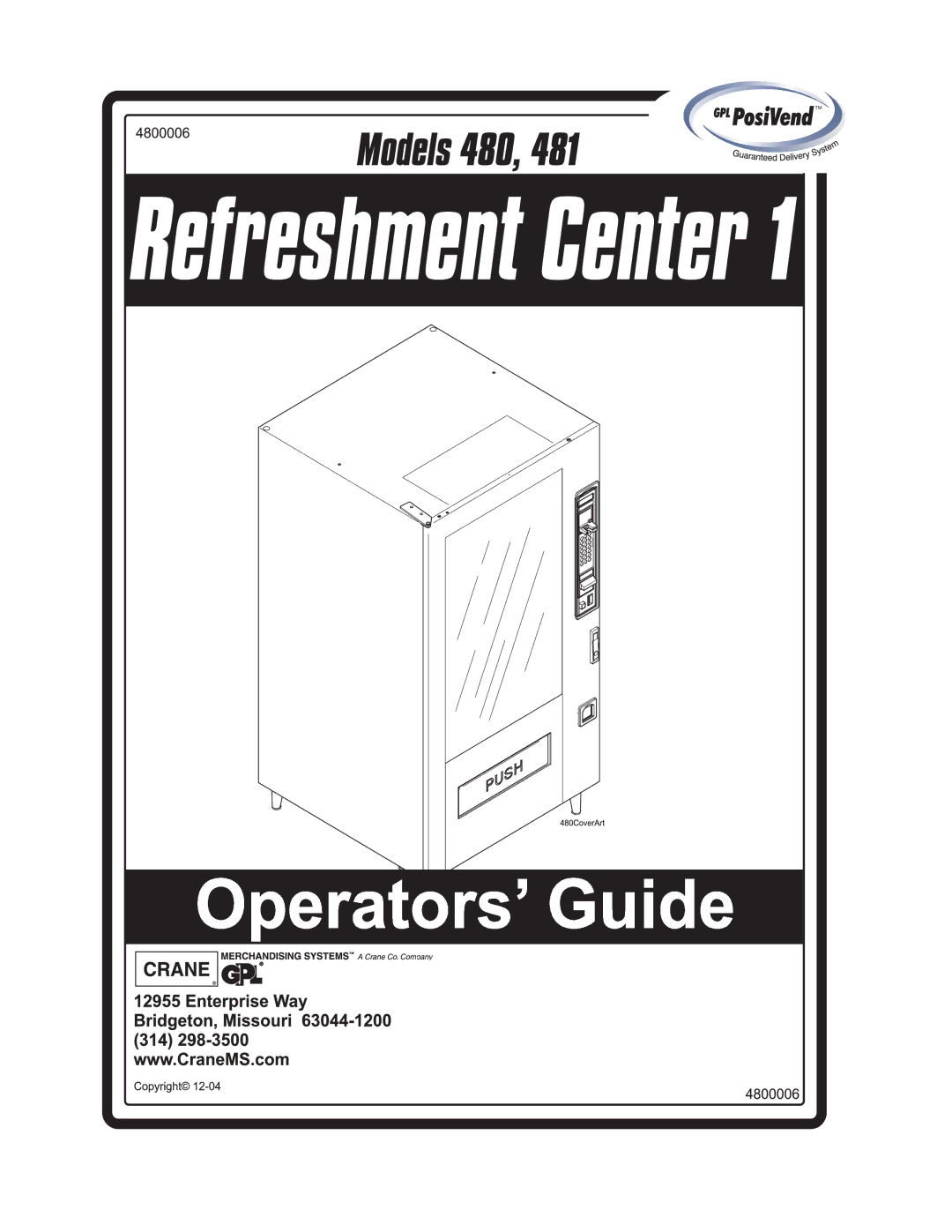 Crane Merchandising Systems 480 manual 