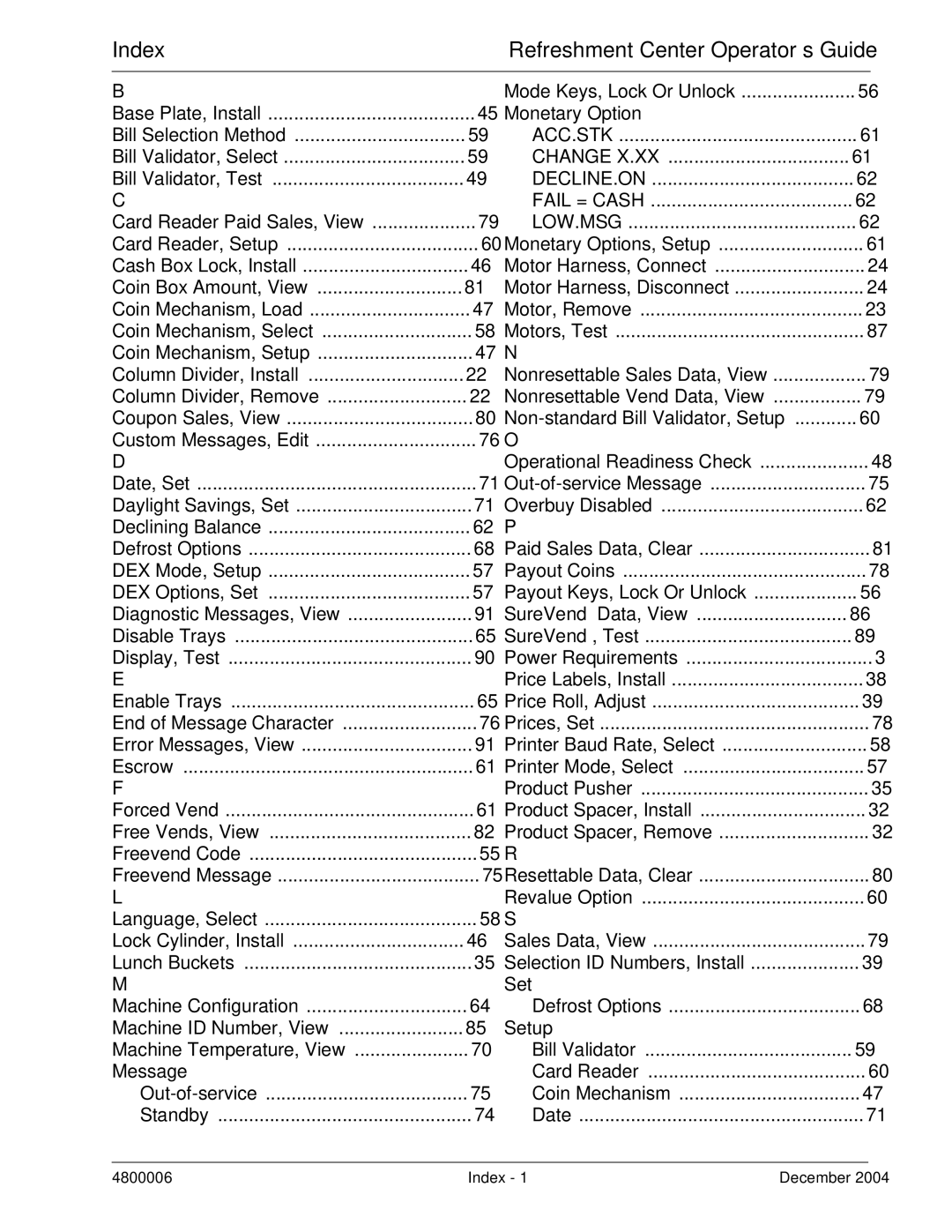 Crane Merchandising Systems 480 manual Index 